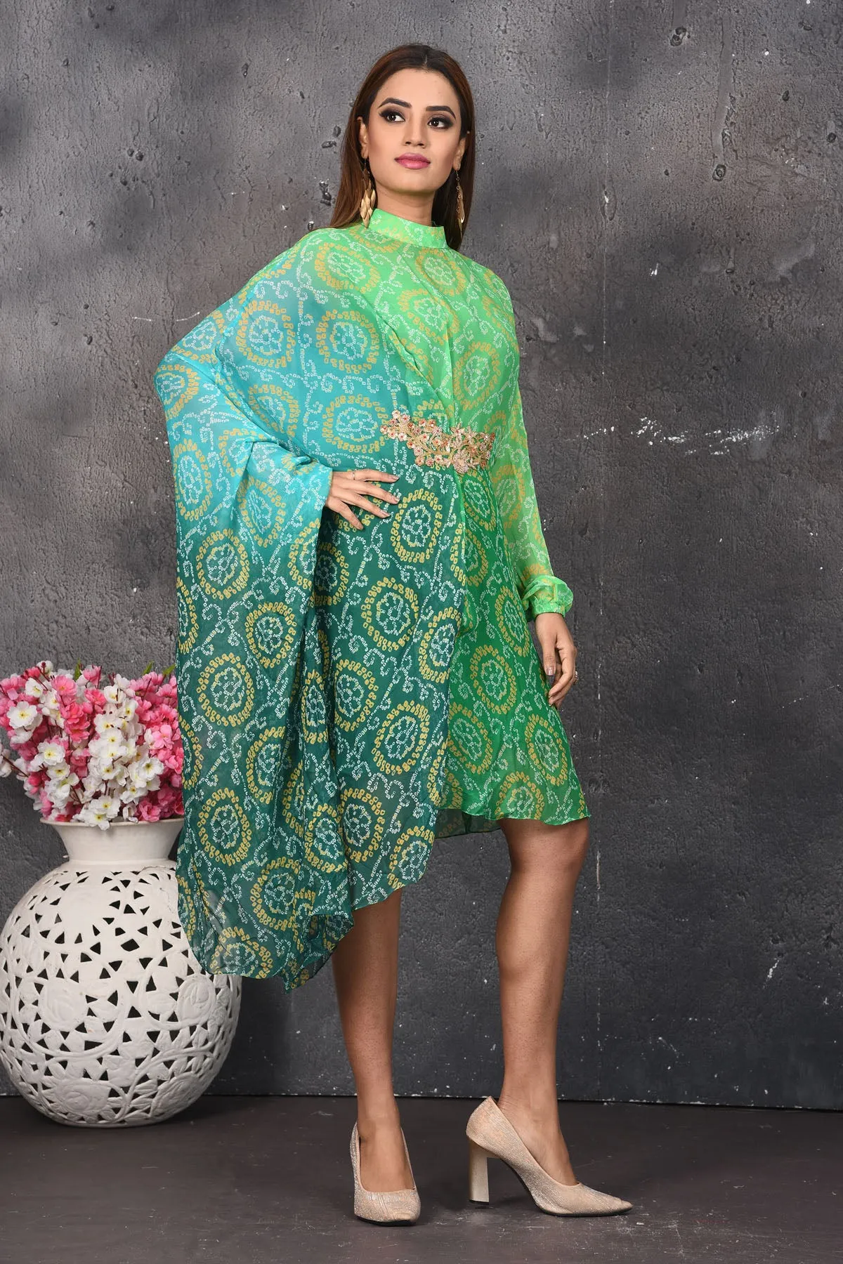 503158 Ombre Green Bandhej Print Indowestern Dress