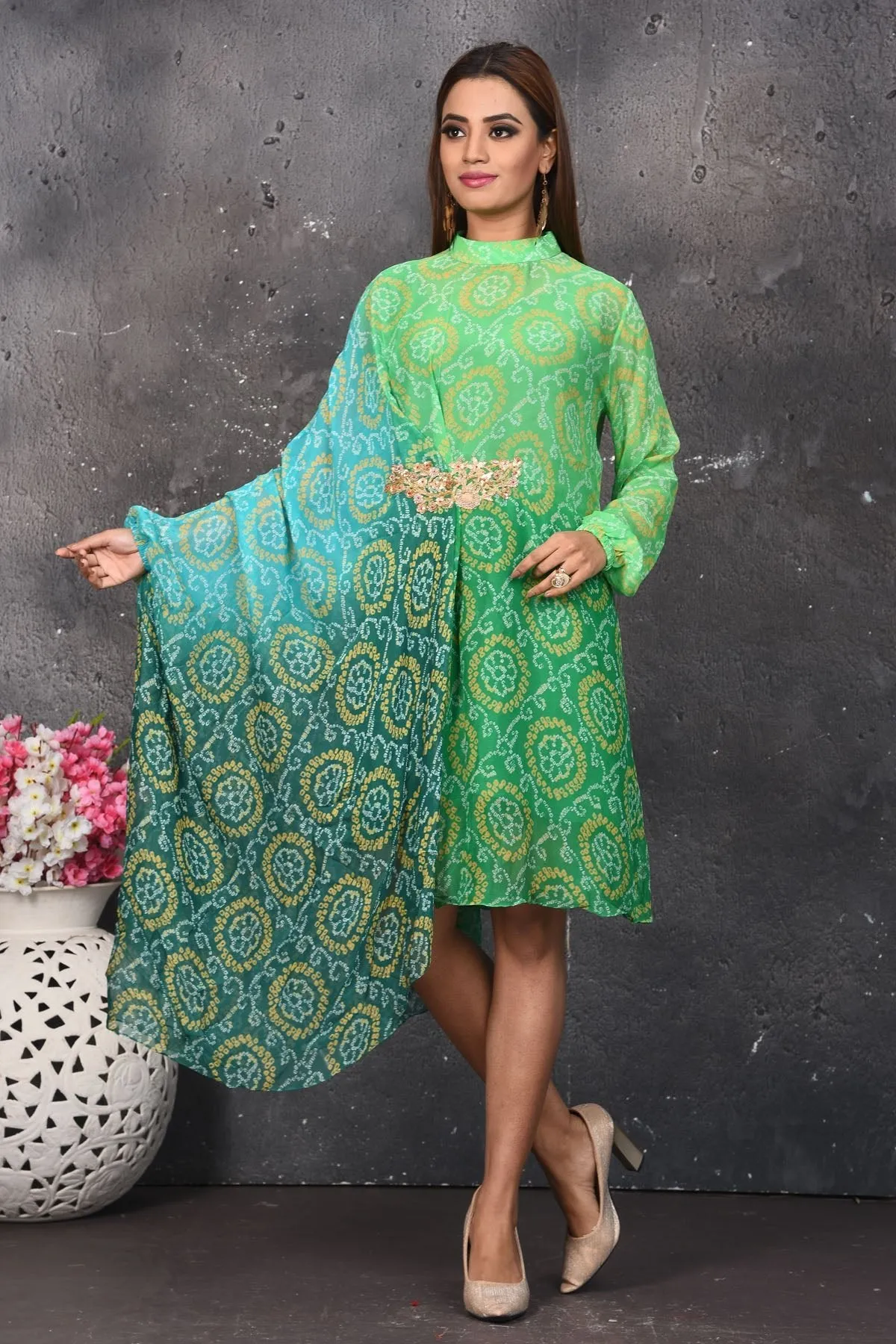 503158 Ombre Green Bandhej Print Indowestern Dress