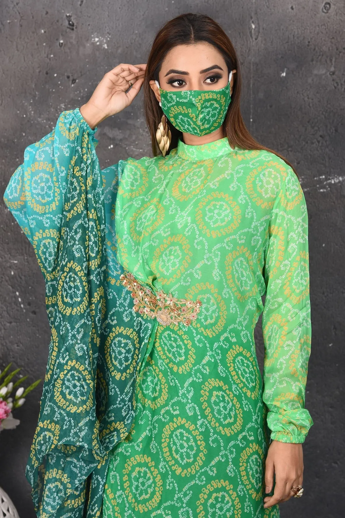 503158 Ombre Green Bandhej Print Indowestern Dress