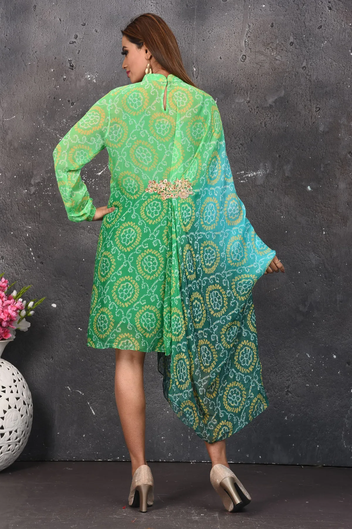 503158 Ombre Green Bandhej Print Indowestern Dress