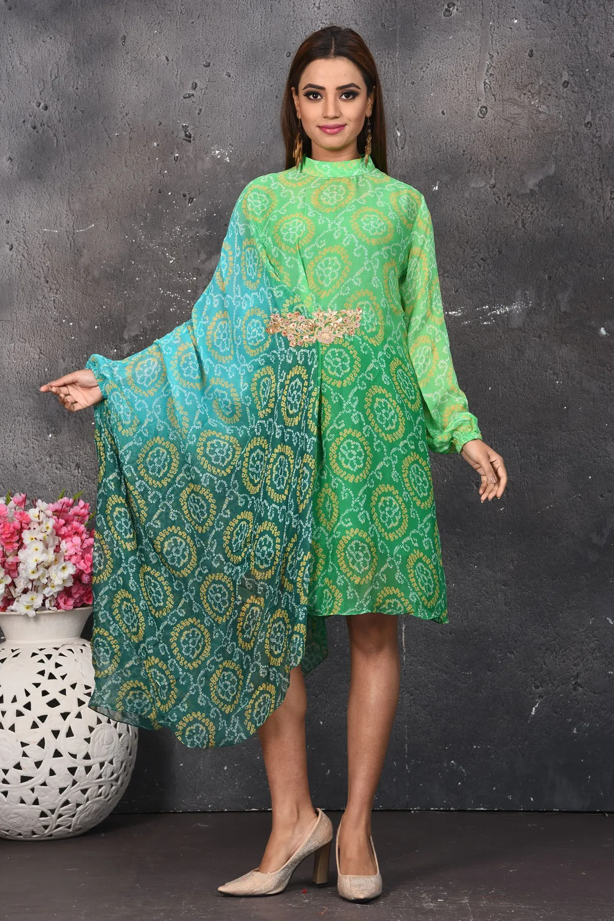 503158 Ombre Green Bandhej Print Indowestern Dress