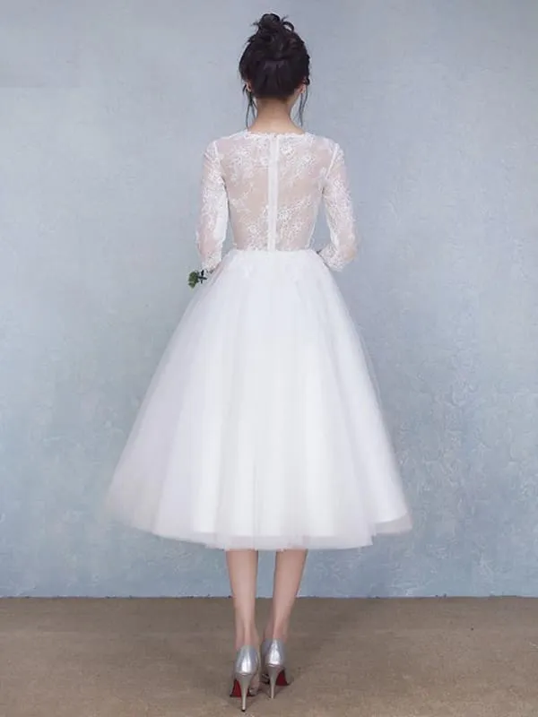 A-Line Wedding Dresses Jewel Neck Tea Length Tulle Sheer Lace 3\4 Length Sleeve Casual See-Through Backless