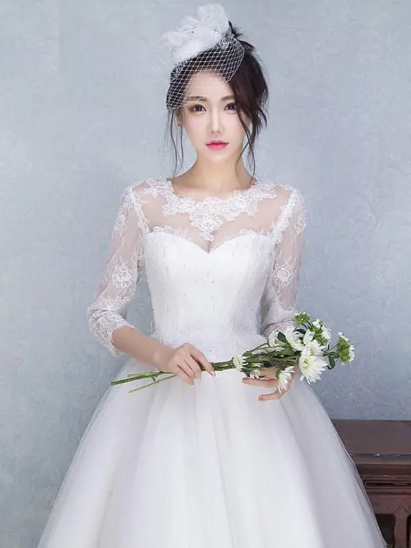 A-Line Wedding Dresses Jewel Neck Tea Length Tulle Sheer Lace 3\4 Length Sleeve Casual See-Through Backless
