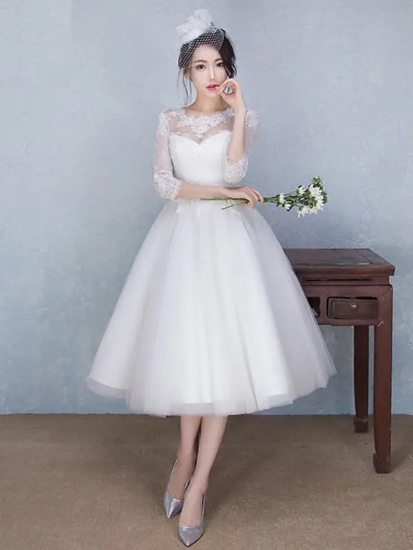 A-Line Wedding Dresses Jewel Neck Tea Length Tulle Sheer Lace 3\4 Length Sleeve Casual See-Through Backless