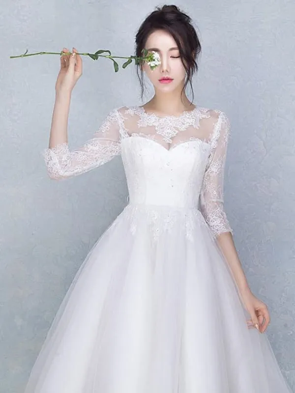 A-Line Wedding Dresses Jewel Neck Tea Length Tulle Sheer Lace 3\4 Length Sleeve Casual See-Through Backless