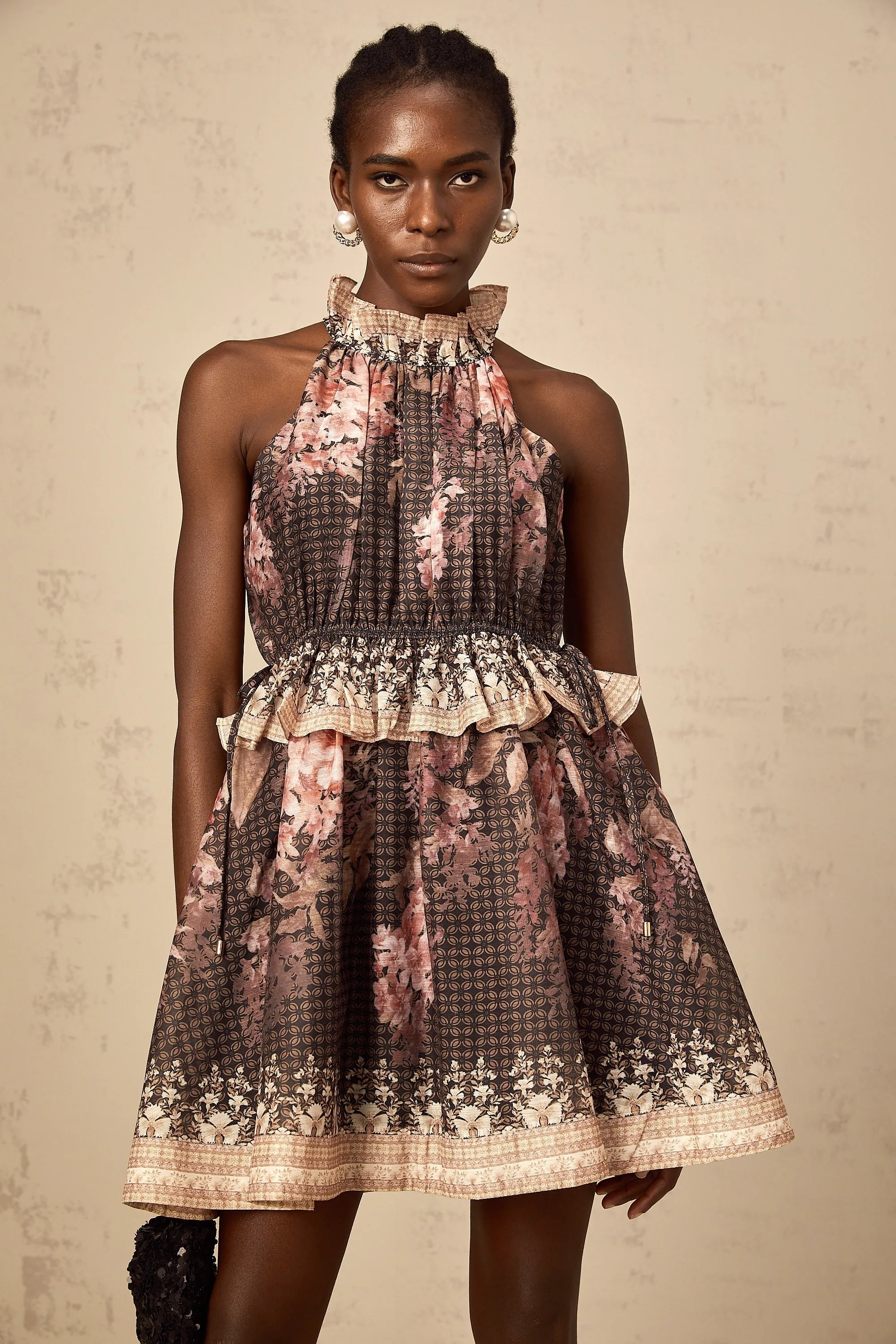Angline halterneck floral-print mini dress in Black