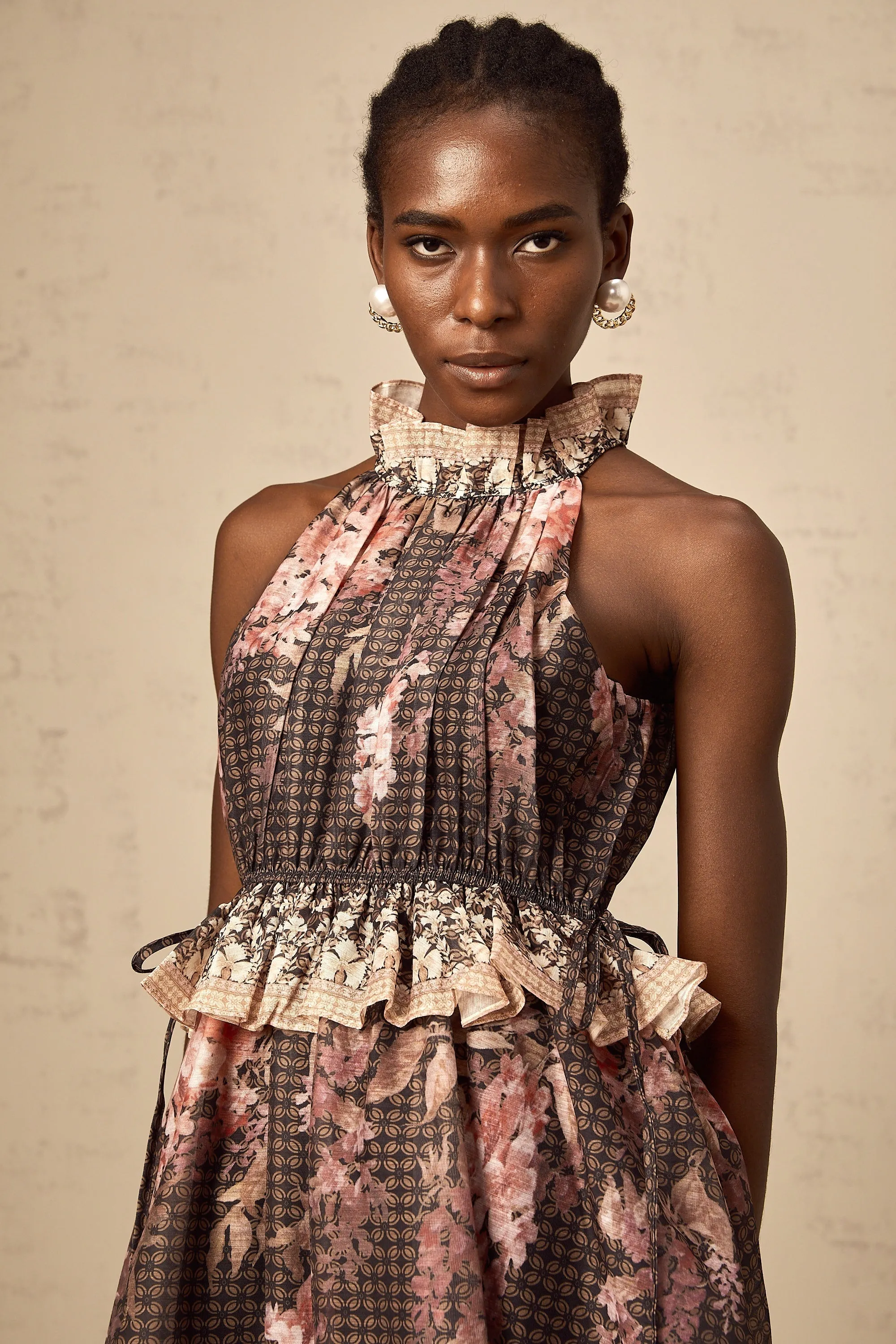Angline halterneck floral-print mini dress in Black