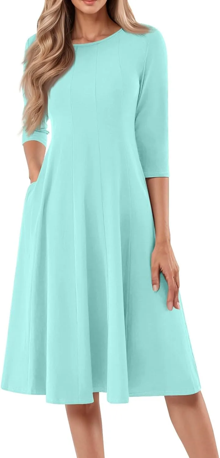 Beach Dresses for Women Summer 3/4 Sleeve Wrap Dress Solid Plain Ruched Midi Dresses Spring Pleated Dress with Pocket