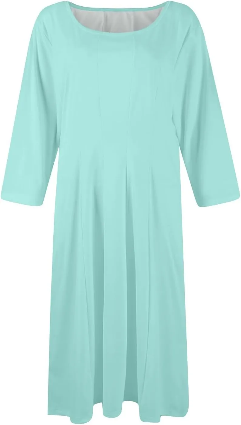 Beach Dresses for Women Summer 3/4 Sleeve Wrap Dress Solid Plain Ruched Midi Dresses Spring Pleated Dress with Pocket