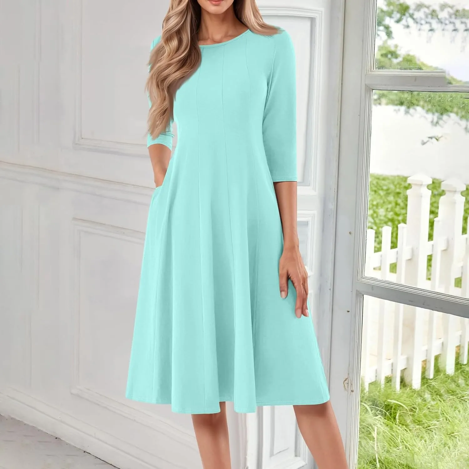 Beach Dresses for Women Summer 3/4 Sleeve Wrap Dress Solid Plain Ruched Midi Dresses Spring Pleated Dress with Pocket
