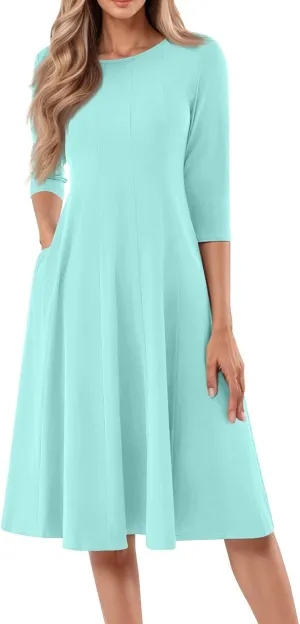 Beach Dresses for Women Summer 3/4 Sleeve Wrap Dress Solid Plain Ruched Midi Dresses Spring Pleated Dress with Pocket