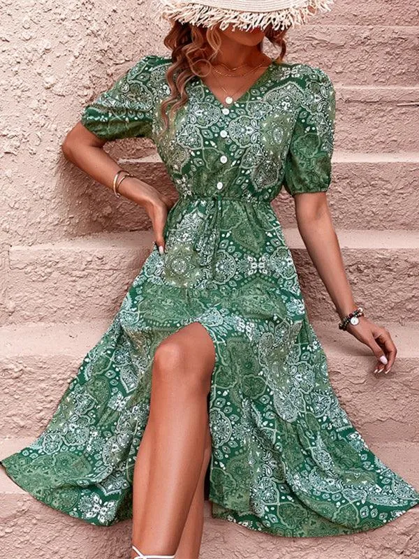 Charming Floral V-Neck Maxi Dress with Puff Sleeves and Side Slit