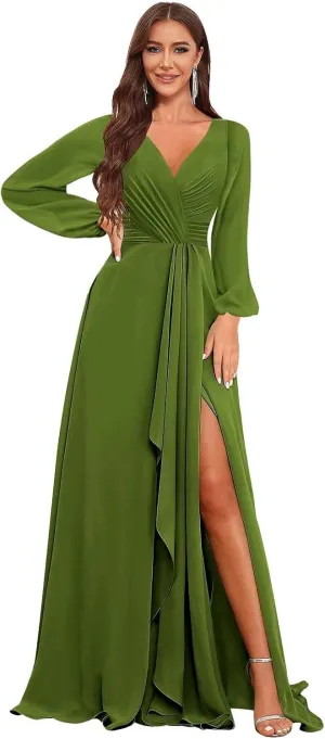 Chiffon Long Sleeve Bridesmaid Dresses for Women Long Ruffle V Neck Formal Dress Evening Gown with Slit