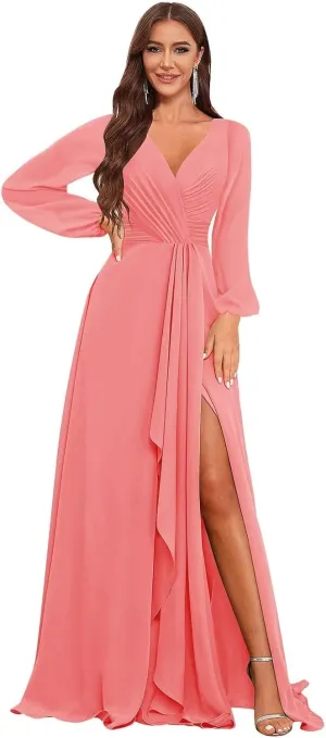 Chiffon Long Sleeve Bridesmaid Dresses for Women Long Ruffle V Neck Formal Dress Evening Gown with Slit