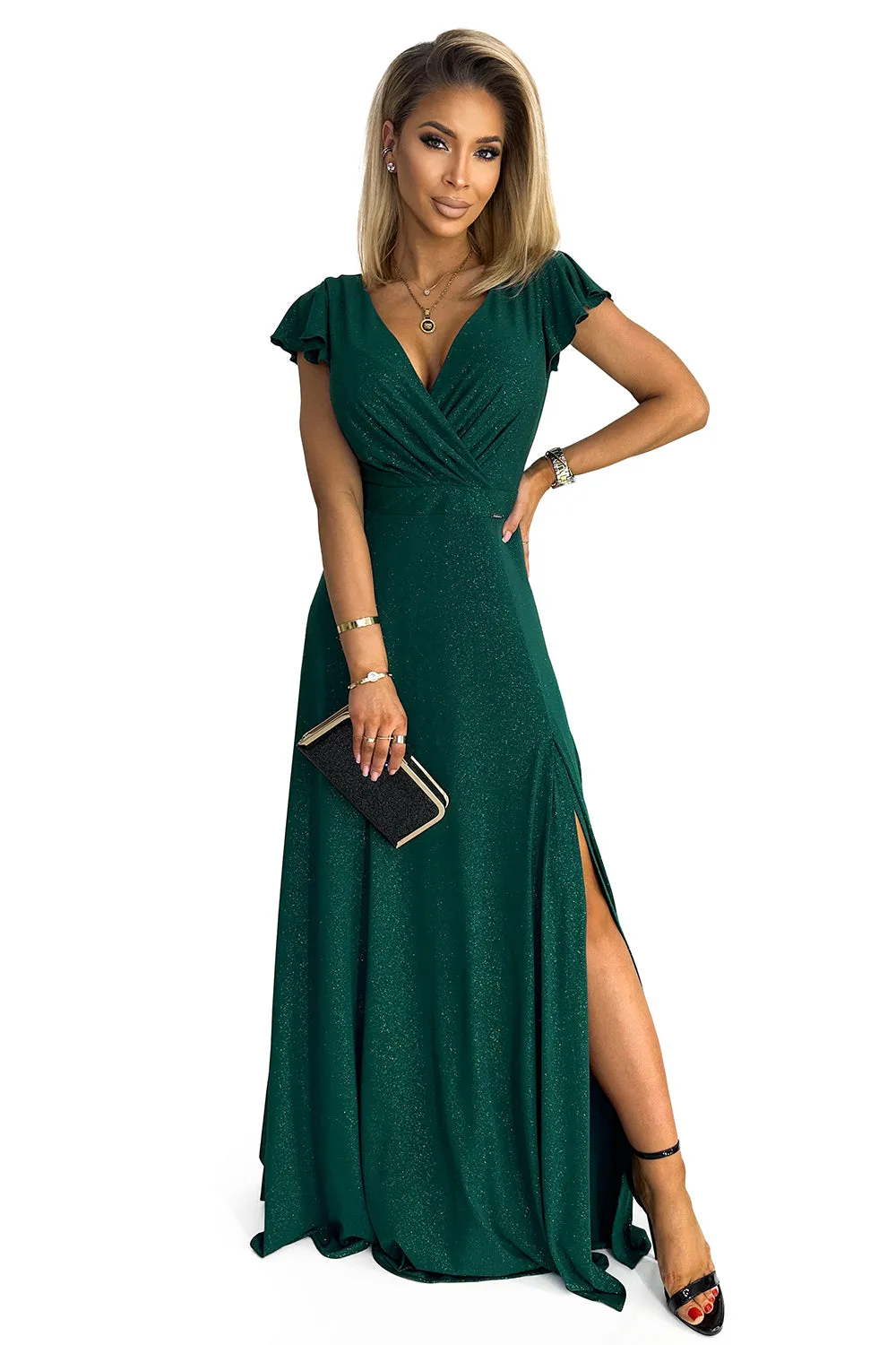 CRYSTAL long shimmering dress with a neckline - green