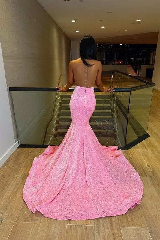 Deluxe Floor Length Sleeveless Mermaid Sequined Prom Dress with Ruffles