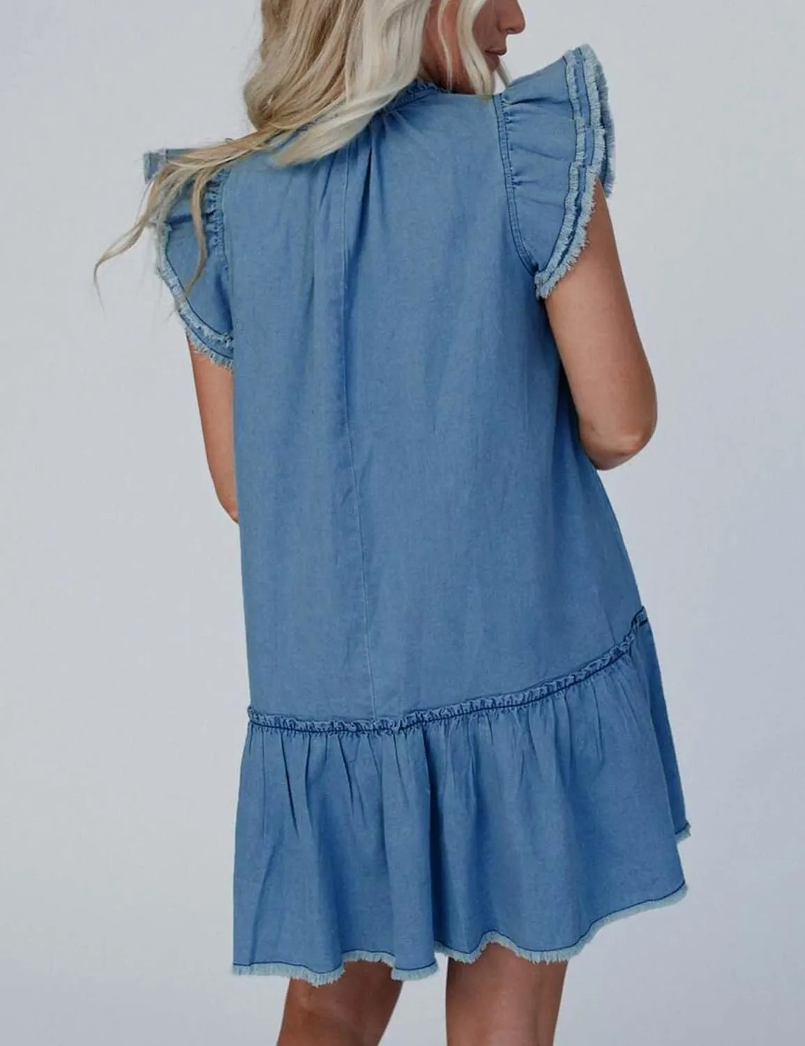 Denim Dress for Women Ruffle Short Sleeve Jean Dress V Neck Drawstring Casual Mini Dresses with Pockets