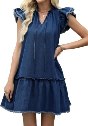 Denim Dress for Women Ruffle Short Sleeve Jean Dress V Neck Drawstring Casual Mini Dresses with Pockets