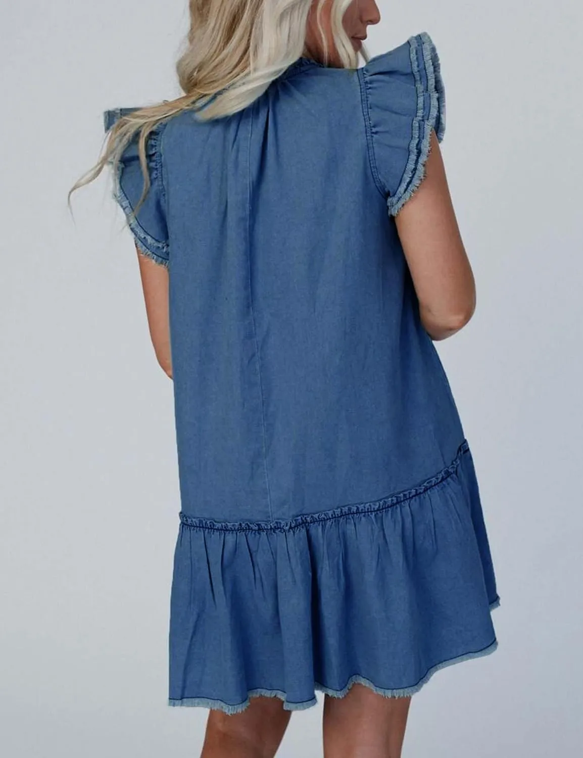 Denim Dress for Women Ruffle Short Sleeve Jean Dress V Neck Drawstring Casual Mini Dresses with Pockets