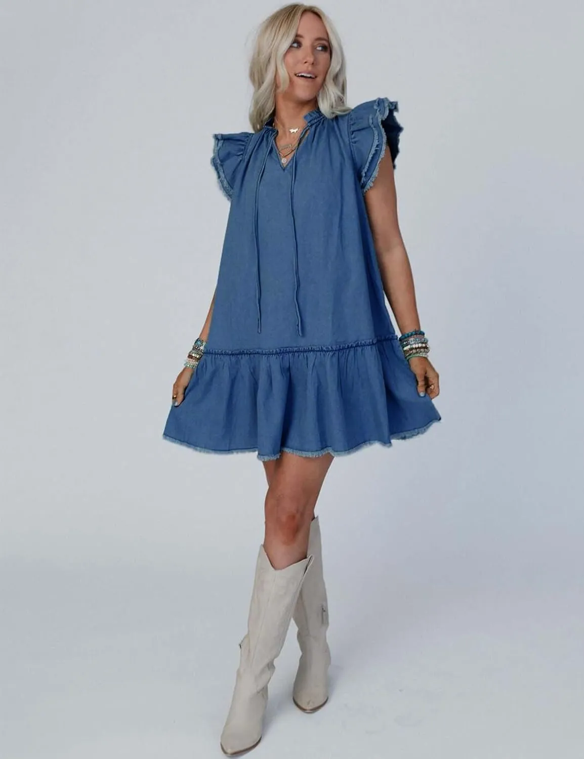 Denim Dress for Women Ruffle Short Sleeve Jean Dress V Neck Drawstring Casual Mini Dresses with Pockets