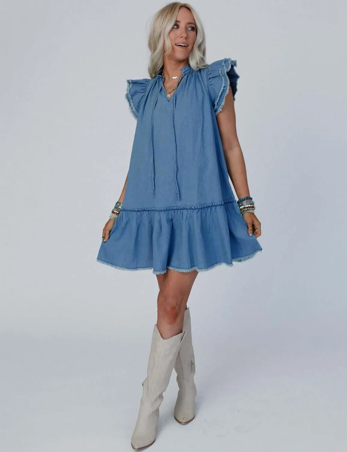 Denim Dress for Women Ruffle Short Sleeve Jean Dress V Neck Drawstring Casual Mini Dresses with Pockets