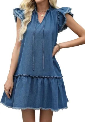 Denim Dress for Women Ruffle Short Sleeve Jean Dress V Neck Drawstring Casual Mini Dresses with Pockets
