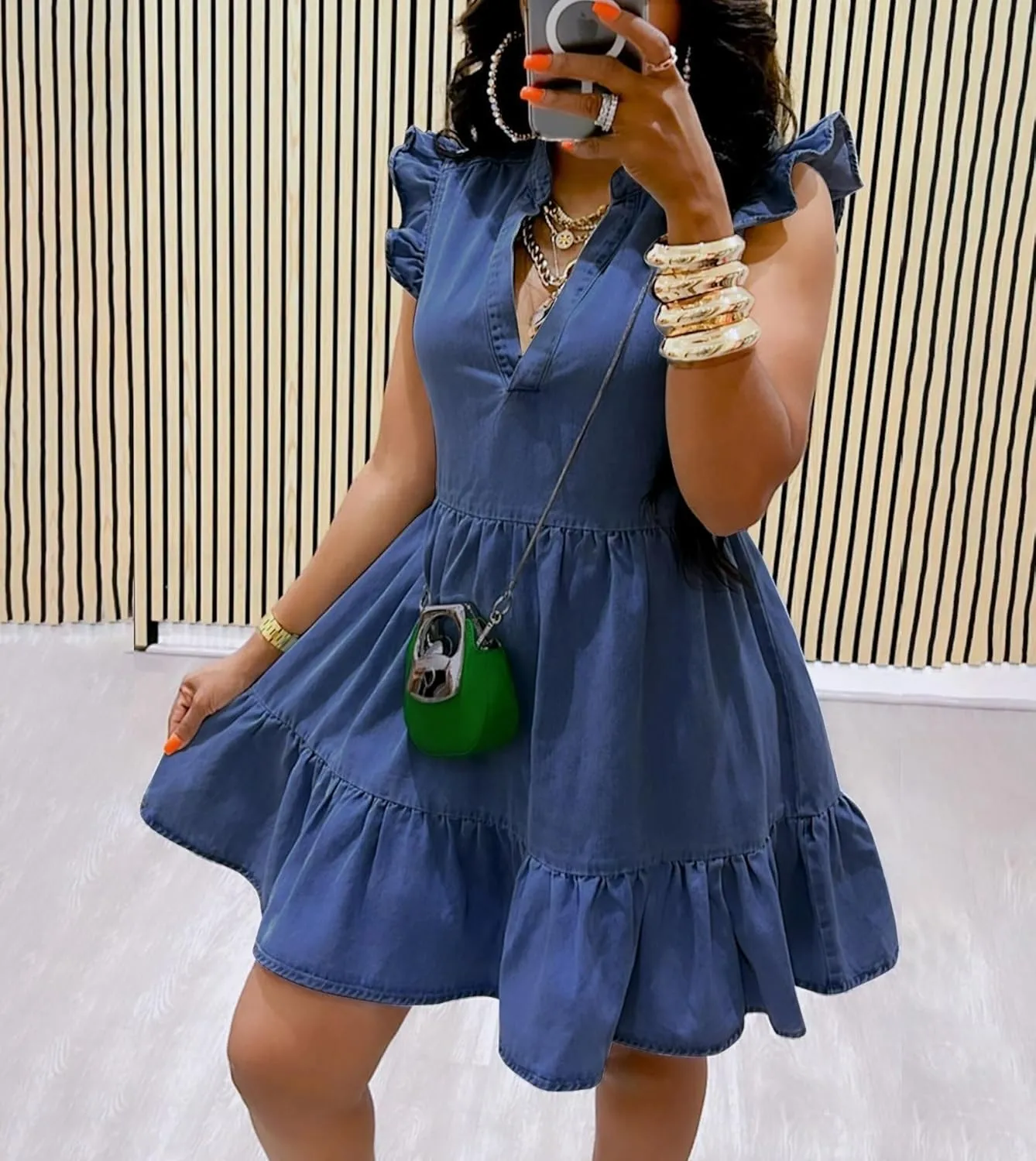 Denim Dress for Women Ruffle Short Sleeve V Neck Jean Mini Dress with Pockets