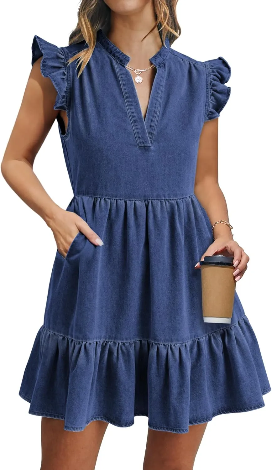 Denim Dress for Women Ruffle Short Sleeve V Neck Jean Mini Dress with Pockets