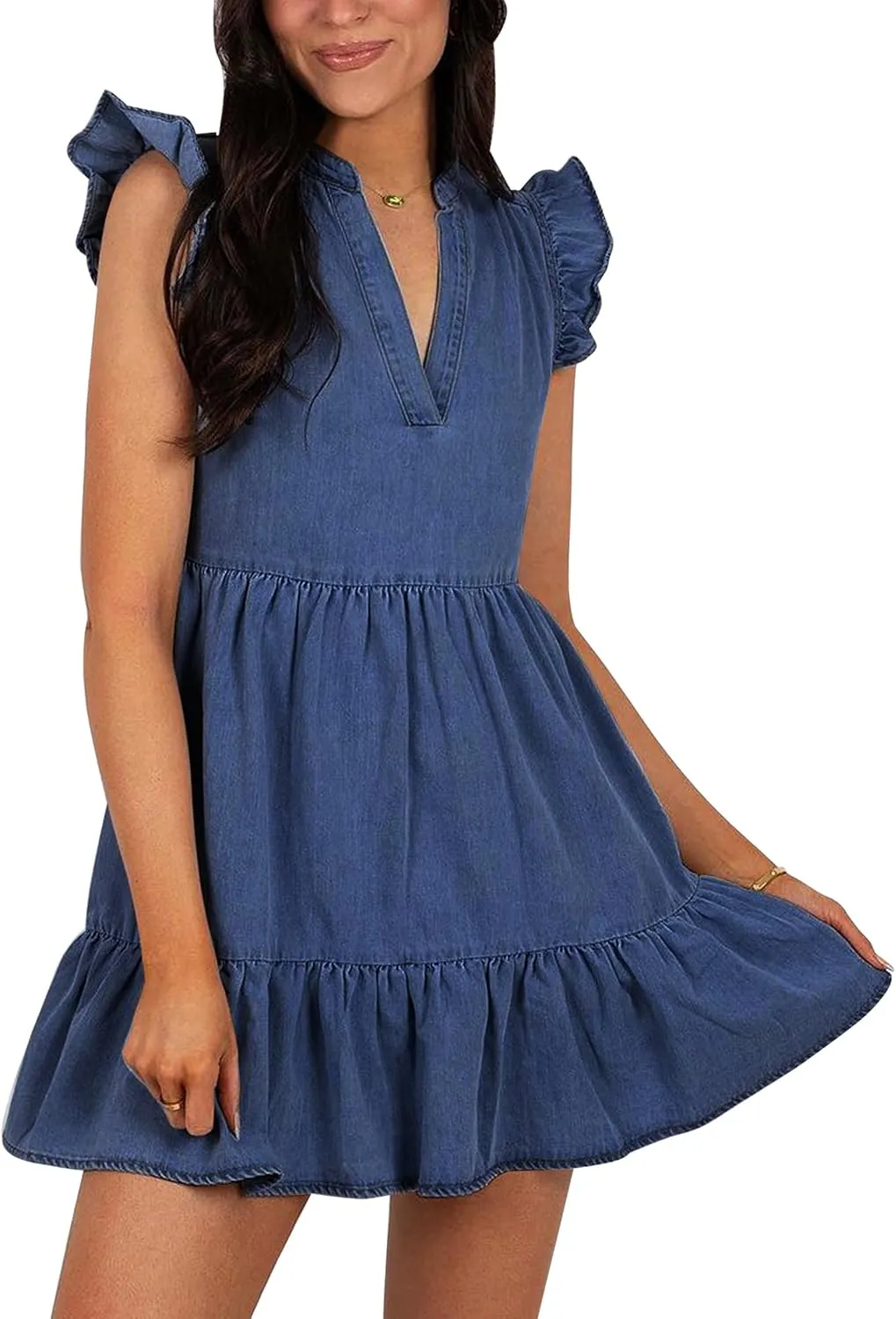 Denim Dress for Women Ruffle Short Sleeve V Neck Jean Mini Dress with Pockets