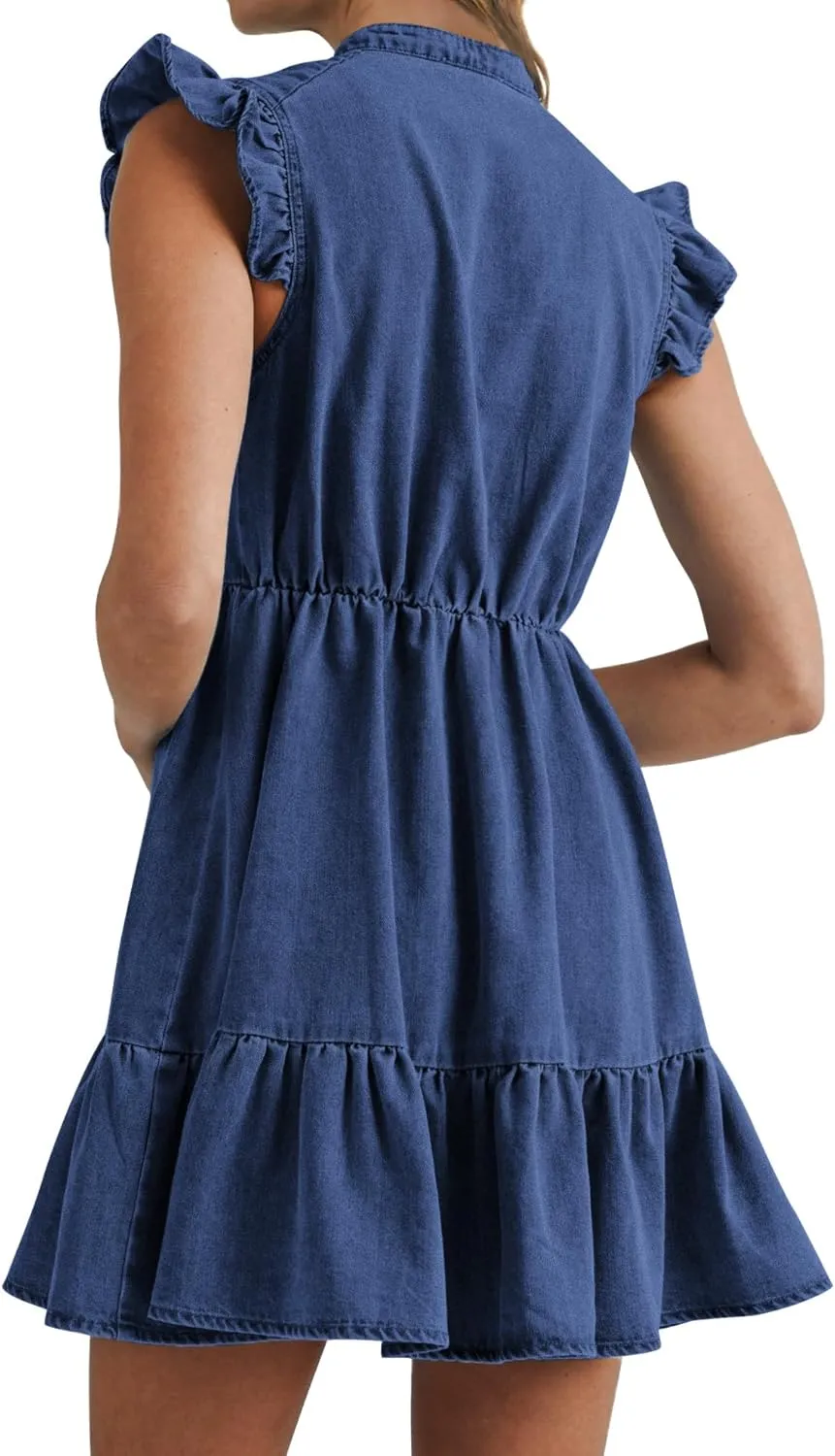 Denim Dress for Women Ruffle Short Sleeve V Neck Jean Mini Dress with Pockets