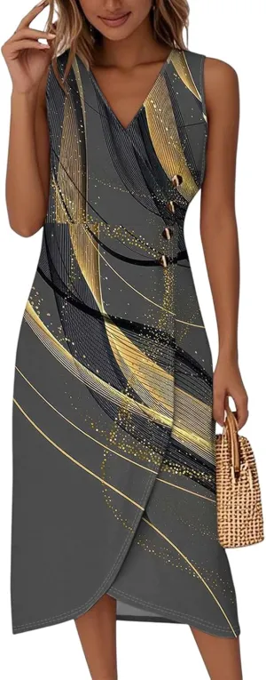 Dresses for Women Summer Elegant Wrap V Neck Sleeveless Floral Boho Dress Ruched Button Bodycon Sexy Midi Sundress