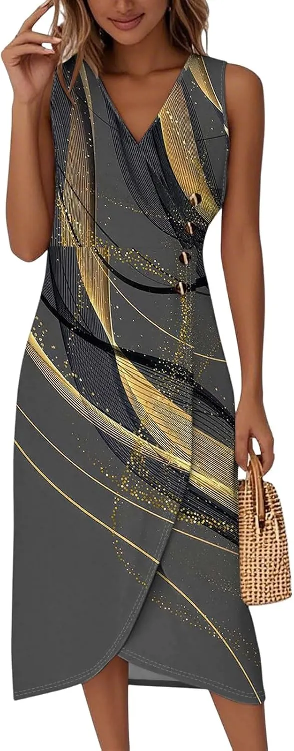Dresses for Women Summer Elegant Wrap V Neck Sleeveless Floral Boho Dress Ruched Button Bodycon Sexy Midi Sundress