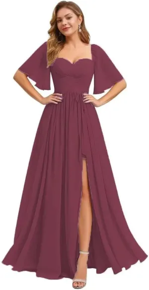 Flutter Sleeve Bridesmaid Dresses for Women Ruched Chiffon A Line Formal Dress with Slit