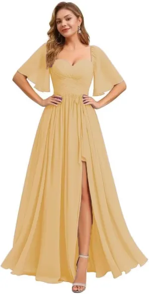 Flutter Sleeve Bridesmaid Dresses for Women Ruched Chiffon A Line Formal Dress with Slit