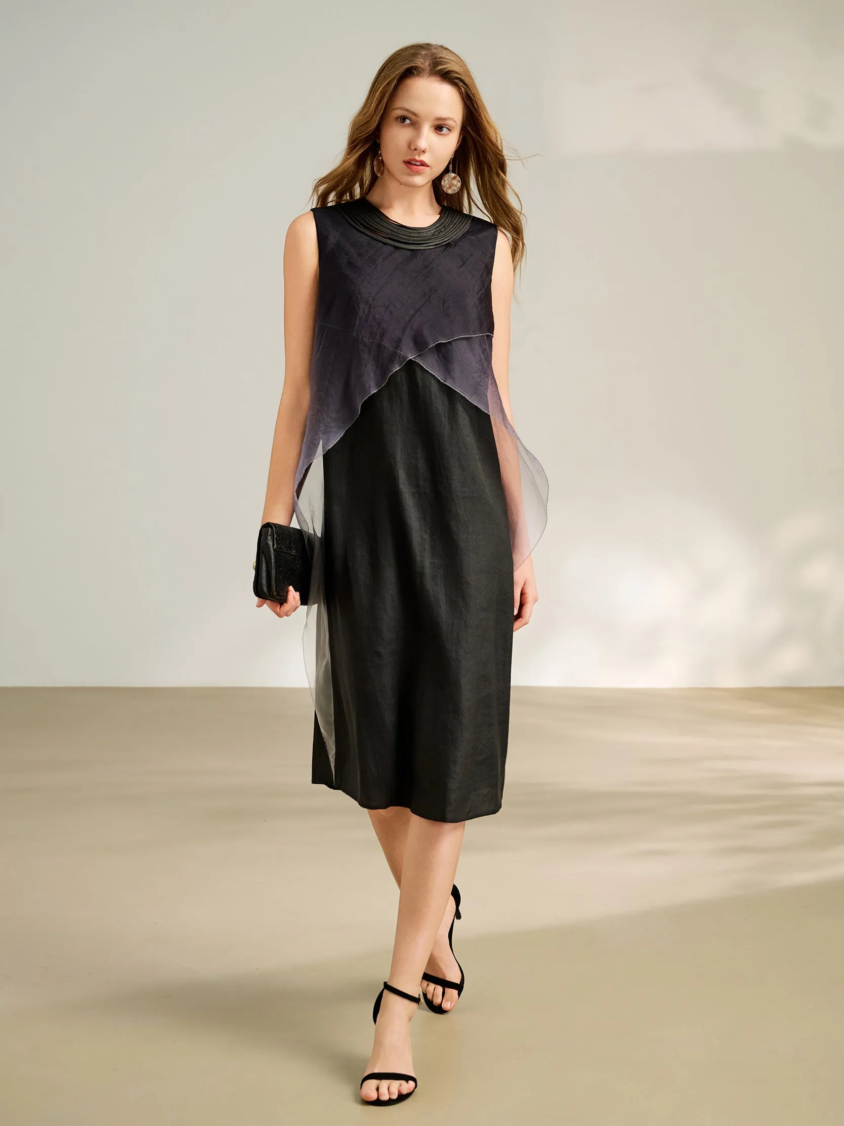 Gambiered canton silk patchwork dress with hang dyeing