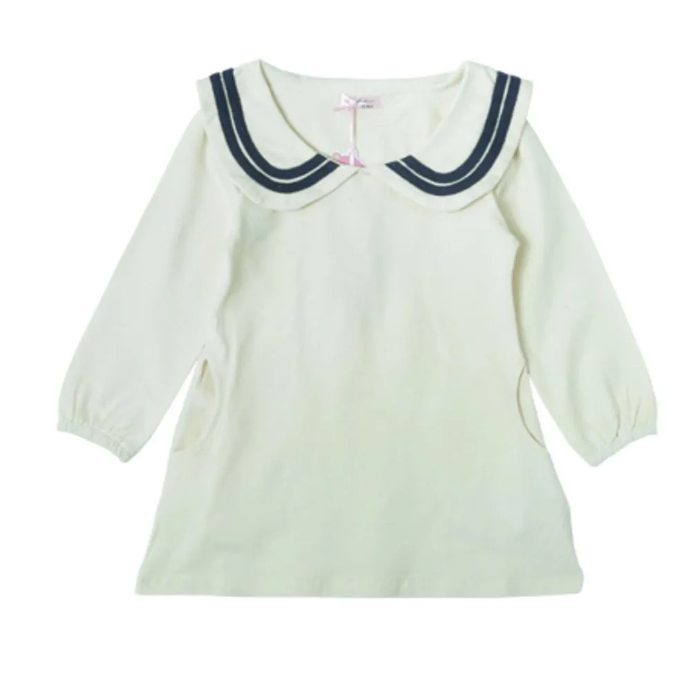 Girls Lapel Long Sleeve Poket Dress