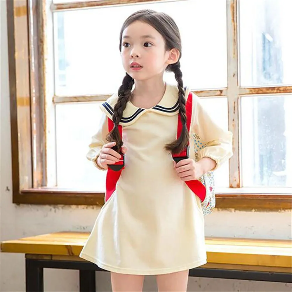 Girls Lapel Long Sleeve Poket Dress