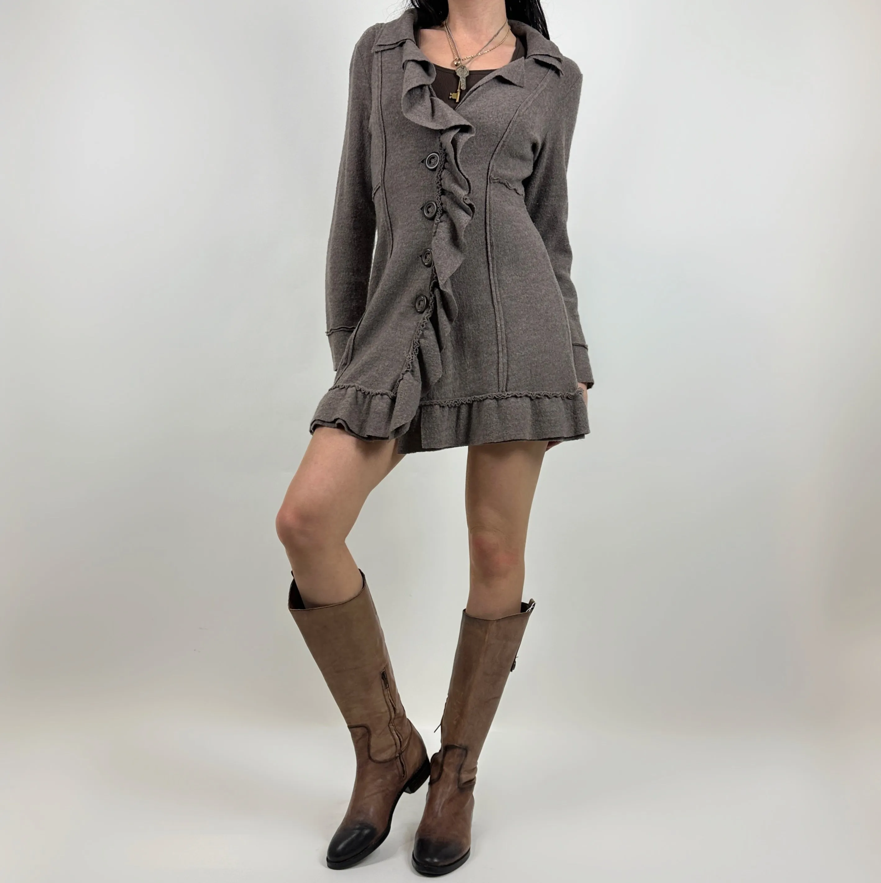 Grey Ruffle Wool Sweater Dress (S)