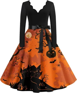Halloween Dresses for Women V Neck Long Sleeve Fall Costumes 1950s Wrap Plus Size Dresses