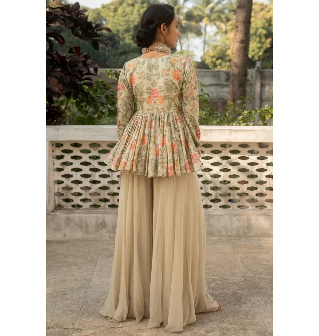 Ivory Floral Print Embroidered Peplum Set