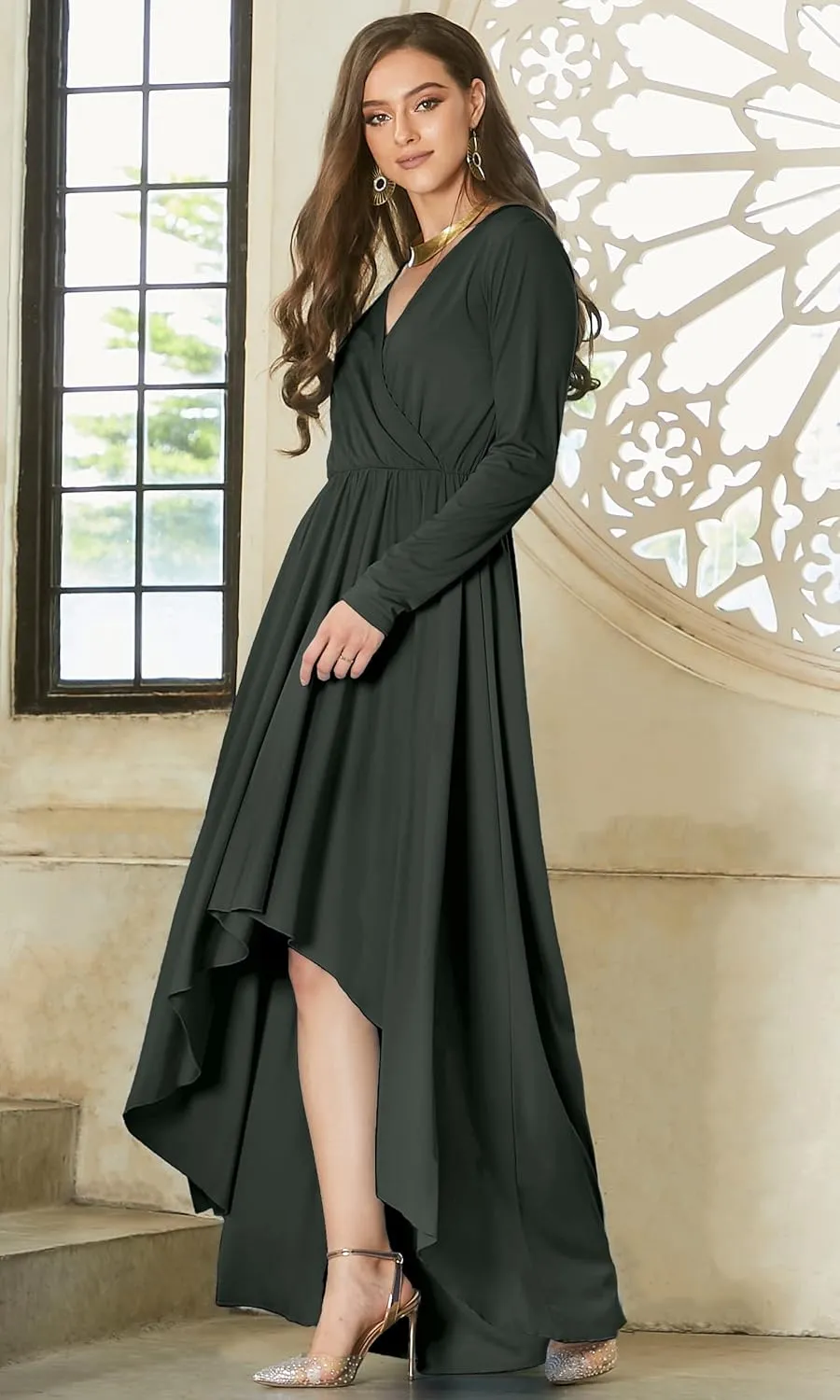 KOH KOH Womens Sleeve Wrap Slit Formal Fall Winter Cocktail Gown