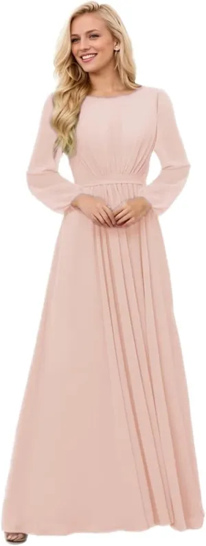 Long Sleeve Bridesmaid Dresses for Women Scoop Neck Ruched Formal Dresses for Wedding Guest Floor Length