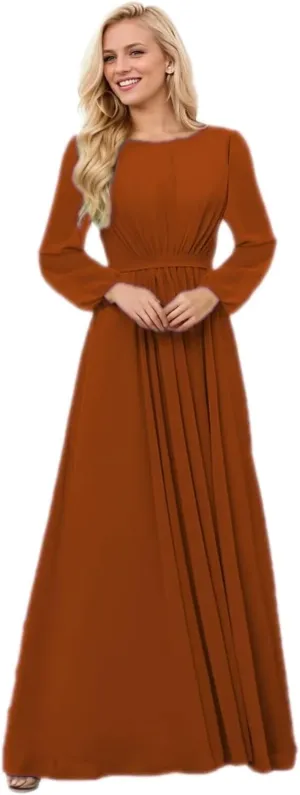 Long Sleeve Bridesmaid Dresses for Women Scoop Neck Ruched Formal Dresses for Wedding Guest Floor Length