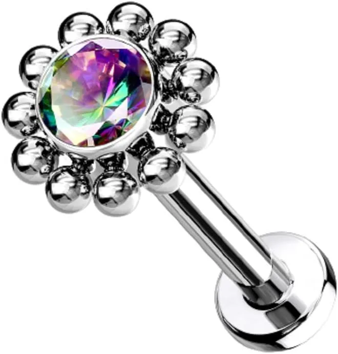 Pierced Owl - 16-18G G23 Implant Grade Titanium Threadless Push-In CZ Crystal Center Flower with Beaded Edge Flat Back Lip Cartilage Ear Stud