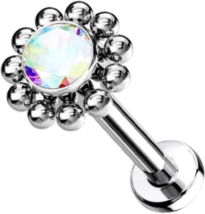 Pierced Owl - 16-18G G23 Implant Grade Titanium Threadless Push-In CZ Crystal Center Flower with Beaded Edge Flat Back Lip Cartilage Ear Stud