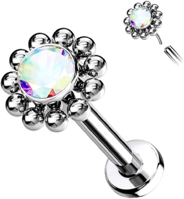Pierced Owl - 16-18G G23 Implant Grade Titanium Threadless Push-In CZ Crystal Center Flower with Beaded Edge Flat Back Lip Cartilage Ear Stud