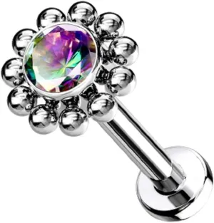 Pierced Owl - 16-18G G23 Implant Grade Titanium Threadless Push-In CZ Crystal Center Flower with Beaded Edge Flat Back Lip Cartilage Ear Stud