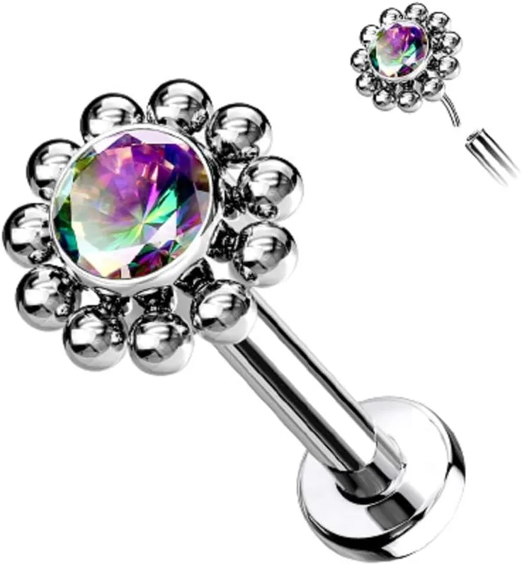 Pierced Owl - 16-18G G23 Implant Grade Titanium Threadless Push-In CZ Crystal Center Flower with Beaded Edge Flat Back Lip Cartilage Ear Stud
