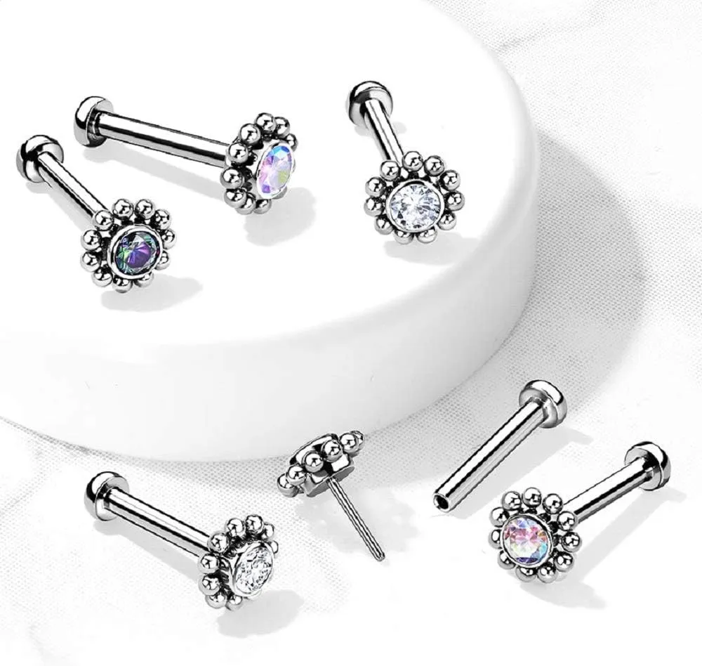 Pierced Owl - 16-18G G23 Implant Grade Titanium Threadless Push-In CZ Crystal Center Flower with Beaded Edge Flat Back Lip Cartilage Ear Stud
