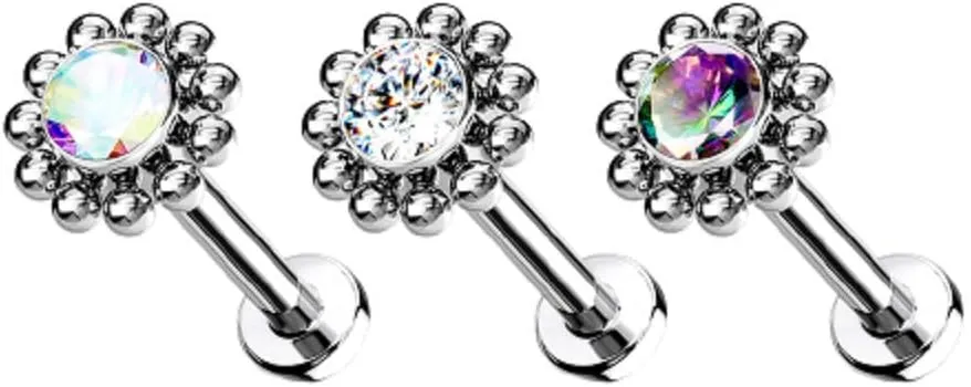 Pierced Owl - 16-18G G23 Implant Grade Titanium Threadless Push-In CZ Crystal Center Flower with Beaded Edge Flat Back Lip Cartilage Ear Stud